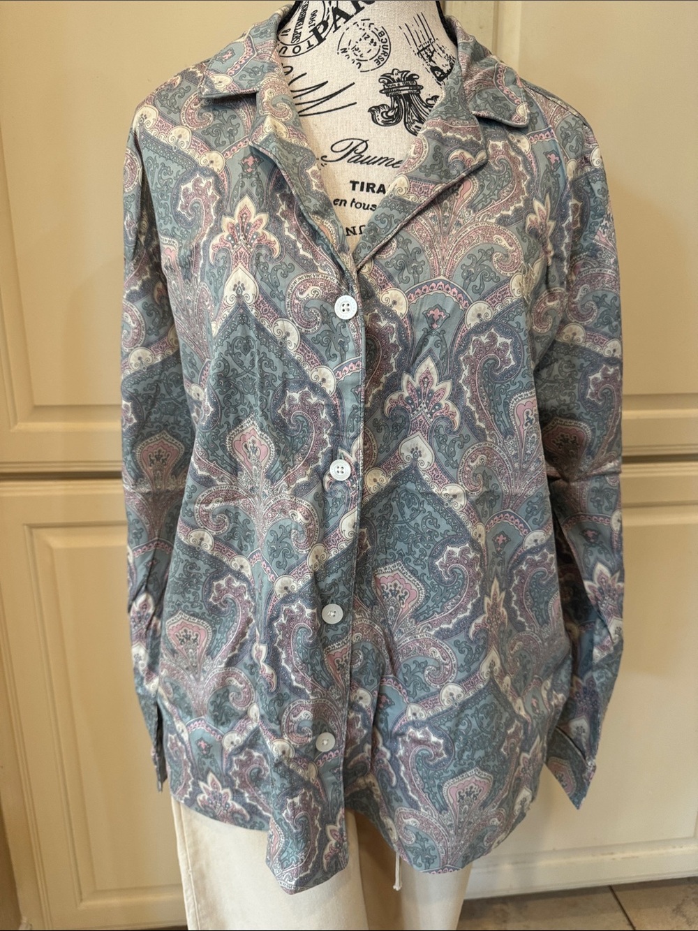 Women’s Paisley Button-Up Shirt in Teal and Pink . Pajamas sets with long pants